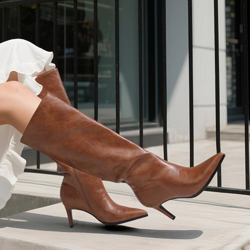 Image of ROSERWISH Women's Knee High Boots Pointed Toe Low Kitten Heel Tall Boots Comfortable Casual Fall Long Boots With Side Zipper