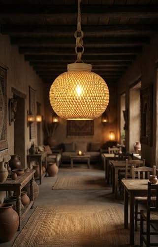 Image of MKS Craftscape Handcrafted Bamboo Hanging Lamp Shade /Cane Pendant Light for Ceiling Decoration | Rustic & Eco-Friendly Hanging Light for Living Room, Bedroom, Home & Cafe /with holder