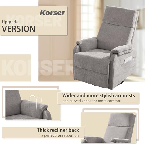 Image of Korser Swivel Rocking Recliner with Massage, Small Glider Chair for Nursery, Modern-Designed Armrests Chair for Adults Living Room, Chenille, Grey