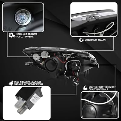 Autozensation Compatible with 2000-2003 Honda S2000 AP1, Left + Right Pair Headlamps Assembly, Halo + LED Projector Headlights Black