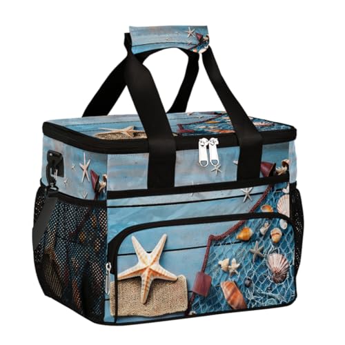 Mexpekil Lonchera térmica reutilizable a prueba de fugas para playa, rústica, de madera, con estrella de mar, picnic, para mujeres y hombres, trabajo, camping, playa, oficina, 24 latas de 15 litros