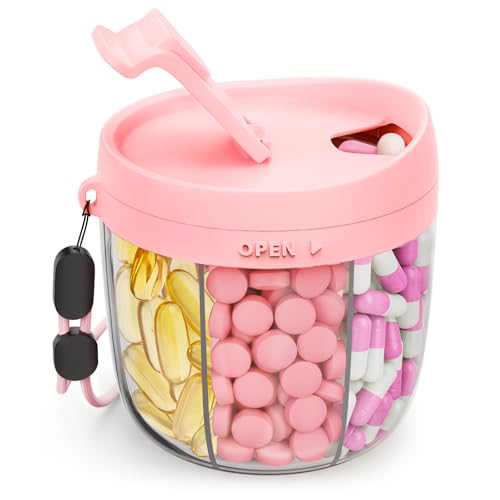 AMOOS Cute Pill Dispenser with 7 Compartments, Pill Bottle Organizer with Anti-Mix Design, Portable Pill Organizer for Travel with Wide Mouth for Easy Access, BPA-Free Patented Pill Container, Pink