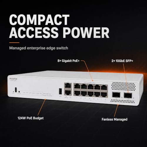 Image of Ruckus ICX8200-C08PF Managed Switch, 8x Gigabit PoE+, 2x 10GbE SFP+ Uplinks, 124W PoE Budget - Stackable Enterprise Switch, 3-Yr Remote TAC Included, TAA Compliant