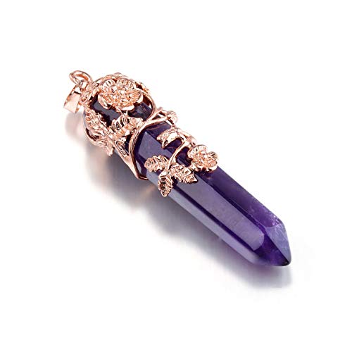 Jovivi Flower Wrapped Natural Amethyst Healing Crystal Necklace Hexagonal Prism Pointed Gemstone Pendant Pendulum Necklace Yoga Energy Reiki Quartz Jewelry For Men Women #TOP1