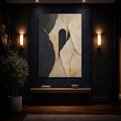 Tableau moderne formes abstraites noir or beige salon 30x45