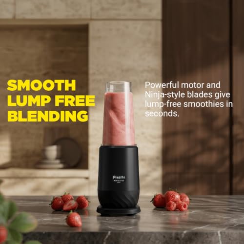 Image of Preethi MiniBlend Plus -Compact Blender & Juicer for Lump Free Purees & Smoothies | 25,000 RPM | 2 Razor sharp Ninja blades | Three Leak-proof Jars with Sipper & Storage Lids | Free Lifelong Service