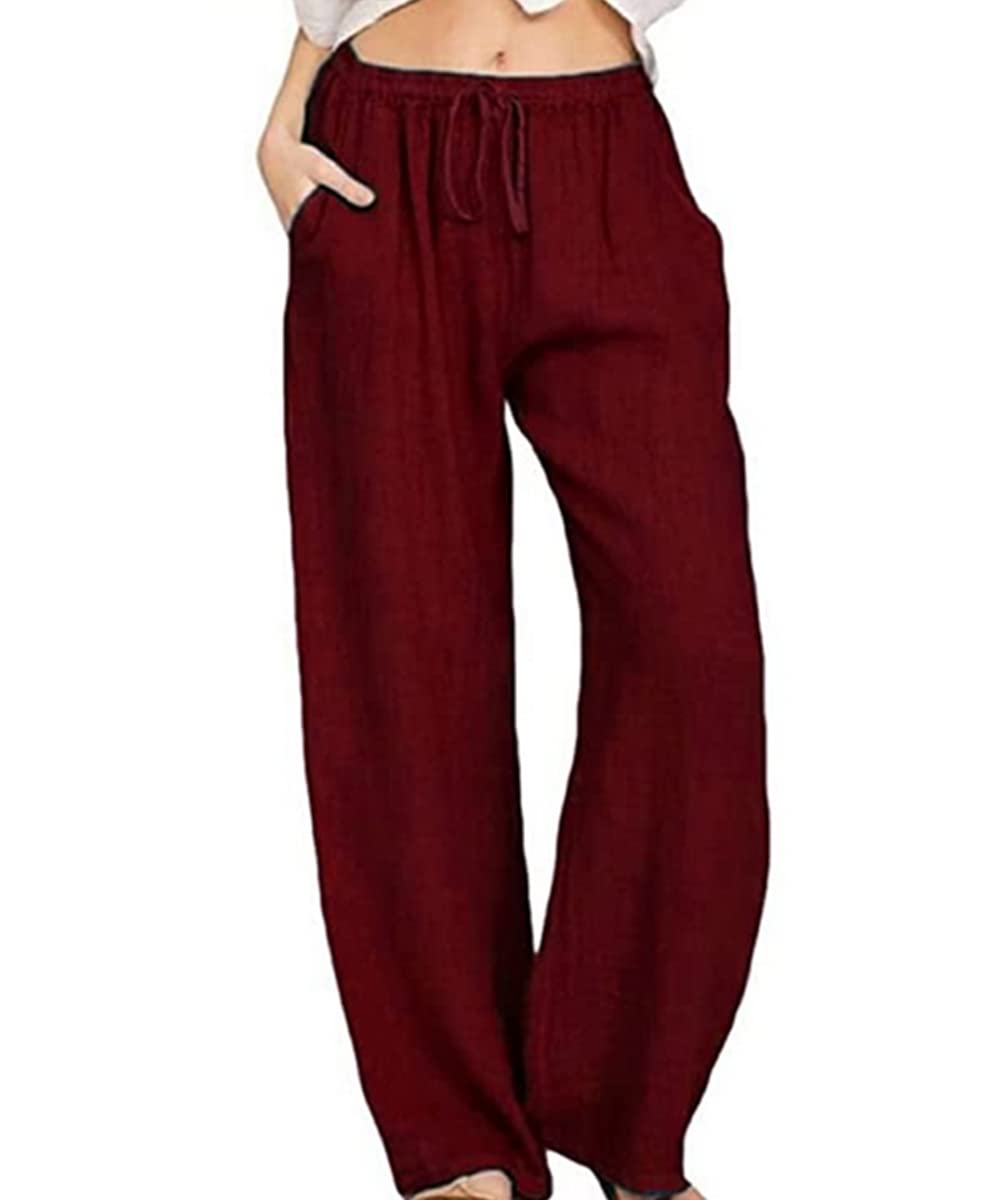 utcoco Womens Cotton Linen Drawstring High Waisted Pants Casual Loose Fit Wide Leg Trousers