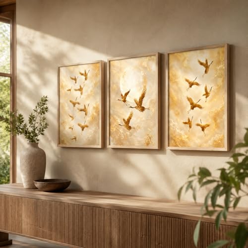 Image of Artify Set of 3 Golden Flying Birds Wall Painting for Living Room Bedroom Hall Office Decor, Premium Wooden Synthetic Frame Nature Artwork Gift