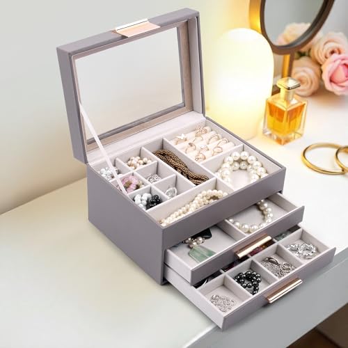 Image of BucketList Luxury PU Leather Jewellery Organizer Box with Glass Top | Multi-Drawer Jewelry Storage Case with Ring Slots & Compartments | Elegant Lockable (2 Drawers Jewellery Box (Grey))