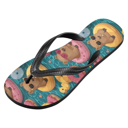 ALAZA Doughnut Capybara Yellow Rubber Duck Flip Flops for Women Fashion Beach Slippers Comfort Mens Flip Flops Non-Slip Rubber Shower Slippers Sandal for Hotel Travel Sport,XS2
