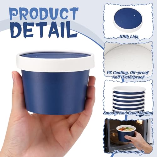 Image of Fulmoon 8 oz 100 Pack Paper Containers with Lids Soup Bowl Cup, Navy Blue | Disposable Ice Cream Cup, Kraft Food Containers with Vented Lid Stackable for Hot Soup Dessert Cake Fruit Microwave Takeout