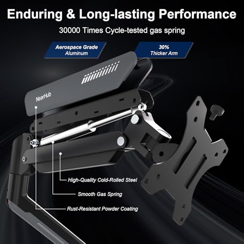 Image of NearHub Single Monitor Mount Arm for 13-32 inch Up 22 lbs Screens | VESA 75x75 /100x100 | Clamp /Grommet Base | Cable Management | Space Saving Desk Setup,180 Swivel, Tilt +90 to -45, 360Rotation