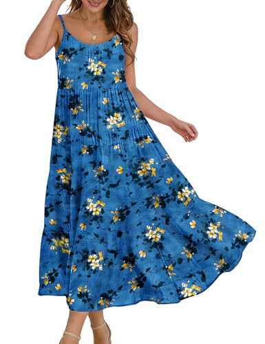 Image of YESNO Summer Bohemian Floral Dresses for Women Spaghetti Straps Maxi Dress Casual Flowy Dresses with Pockets ES0