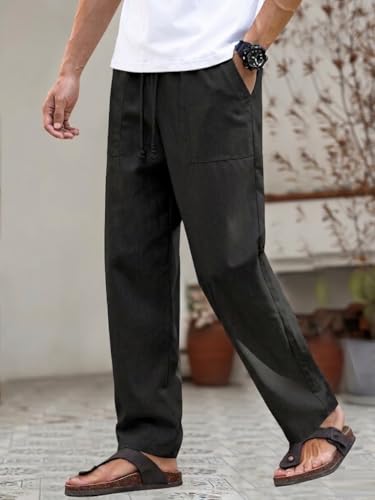 Image of Linen Pant for man | Loose Fit Trouser for Men | Elastic Waist with Drawstring | Perfect for Casual Wear | Lightweight Breathable Fabric | Straight Fit & Side Pocket