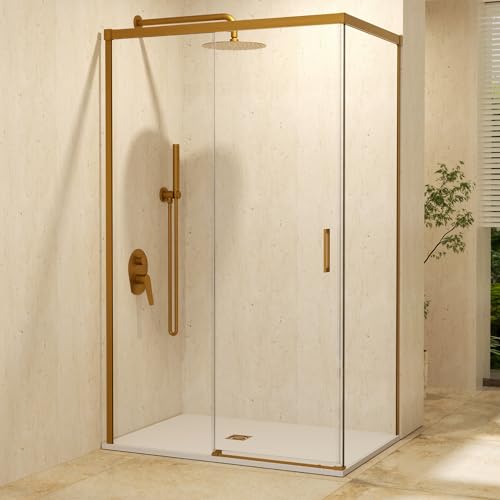 IMEX   Mampara Ducha 2 Fijas + 1 Corredera 120x80cm Oro Cepillado | Mampara Angular con Cristal Reversible y Perfilería de Aluminio con 195cm de Altura | Vidrio con Grosor 6mm y Cierre con Imán