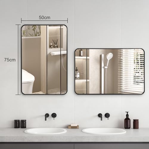CROWNSHOP 75 X 50cm Bathroom Mirror with Black Aluminum Frame, HD Glass Wall-Mounted Rectangle Mirror with Curved Corners for Bathroom, Living Room Vertical or Horizontal Hanging Wall Decor - Cosy Home Interiors CROWNSHOP 75 X 50cm Bathroom Mirror with Black Aluminum Frame, HD Glass Wall-Mounted Rectangle Mirror with Curved Corners for Bathroom, Living Room Vertical or Horizontal Hanging Wall Decor - Image 2