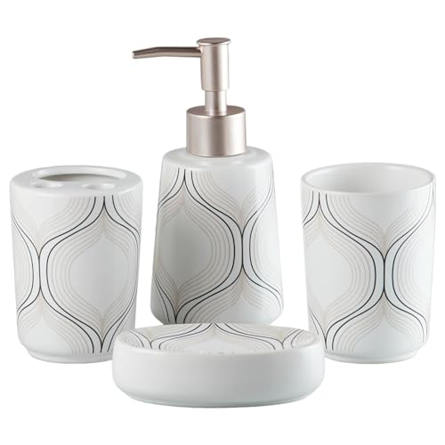 Image of Kookee Ceramic Bathroom Set - Stylish 4 Piece Bath Accessories Kit with Soap Dispenser, Toothbrush Holder, Tumbler & Soap Dish - Modern & Designer Decor for Home & Guest Bathrooms, White /Black (10167)