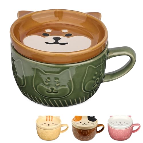 Katzentasse, Niedliche Keramik Tasse Katze mit Deckel, Shiba Inu Lustige Tassen, Kaffeebecher oder Teebecher für Katzenliebhaber Geschenk für Frauen Freunde Kinder Weihnachten Geburtstag 300ML(Grün)