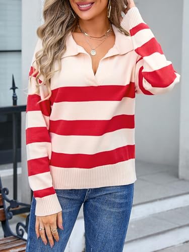 Striped Sweaters for Women Trendy Casual Knit Long Sleeve V Neck Lapel Collared Polo Pullover Tops4
