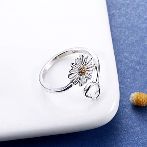 Apotie Sterling Silver Daisy Flower Jewelry Gifts - 925 Adjustable Sunflower Open Ring Earrings Studs Gift For Women Teens Girls Birthday (Ring) #TOP3