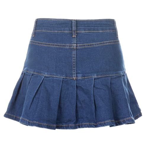 Women Y2K Pleated Jean Skirt Casual Low Waist Ruffle A Line Flare Denim Mini Skirt Summer Going Out Streetwear4