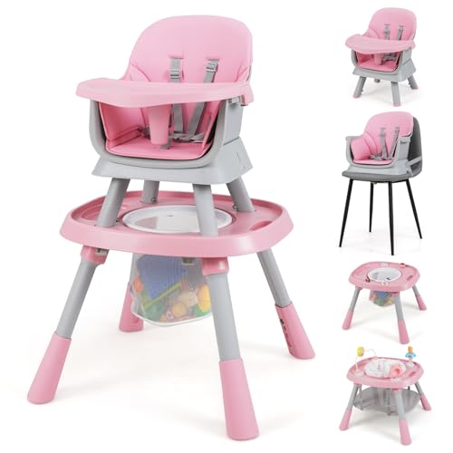 COSTWAY Trona Evolutiva Bebé 16 en 1, Trona Bebé con 3 Alturas Ajustables, Asiento Giratorio 360°, Bandeja con 3 Opciones y Mesa de Doble Cara, Silla de Comer para 6-36 Meses (Rosa)