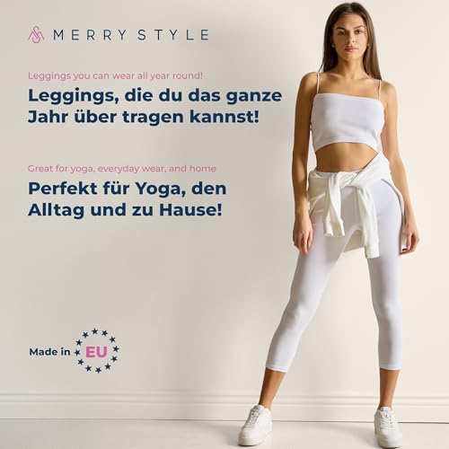 Merry Style Legginsy Damskie z Bawełny 3/4 Wysoki Stan MS10-199 (Biały, XL)
