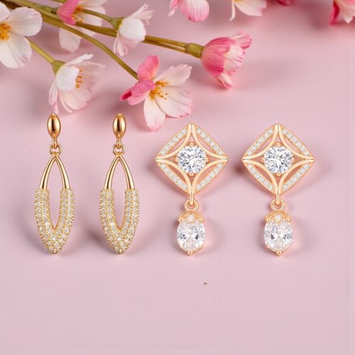 Image of Nilu's Collection Rose Gold Plated American Diamond Drop Earrings for Women And Girls | Anti-Tarnish | Anti-Allergy | Office Wear | Gift For Her