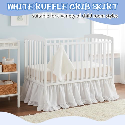 Image of Hahafelt White Crib Skirt for Baby Girls & Boys, 28 inch x 52 inch with 16 inch Drop-100% Washed Cotton Dust Ruffle Bed Skirt, Soft Nursery Bedding, Fits Standard Toddler Cribs, Boho Farmhouse Decor