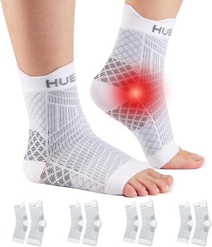 HUEGLO 4 Pairs Compression Socks For Women Men Neuropathy Plantar Fasciitis Socks Ankle Support Brace Breathable Anti-Slip Foot Support (White, M)