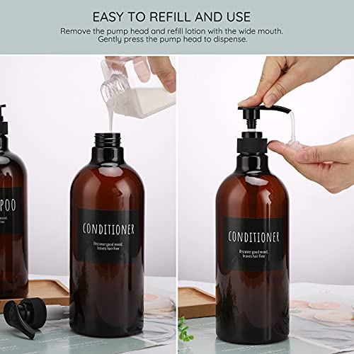 Image of Empty Plastic Bottles with Labels, Segbeauty 33.8oz Large Brown Shampoo Conditioner Reusable Dispenser, 2 Packs of 1000ml Refillable Shower Lotion Pump Press Bottles for Bathroom Hand Soap Body Wash