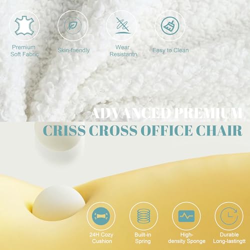 Image of Flip Armrests Criss Cross Office Chair, Reclining Office Chair with Foot Rest, Adjustable Headrest, Massage Waist Pillow, Cross Legged Big and Tall Desk Chair Wide Seat Vanity Chair, White Fabric