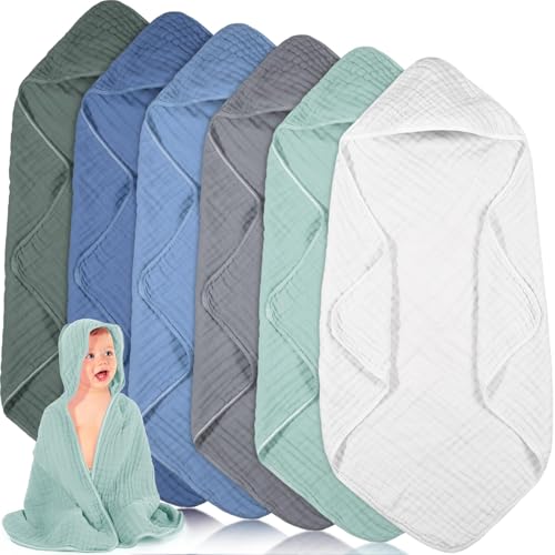 Image of Peryiter 6 Pcs Muslin Hooded Baby Towels, 32"x 32" Cotton Newborn Bath Towel Muslin Infant Baby Blankets Absorbent Unisex Newborn Registry Gift Essentials for Girls Boys(Blue Series)
