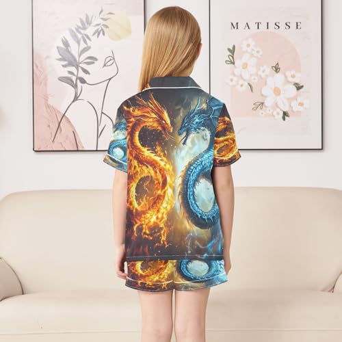 ALAZA Funny Dragon Fire Water Satin Pajamas Set Short Sleeve Button Down Sleepwear Summer Pjs 2 Piece4