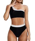 MOOSLOVER Women Cutout One Shoulder High Waisted Bikini High Cut Two Piece Swimsuits(S,Black White)