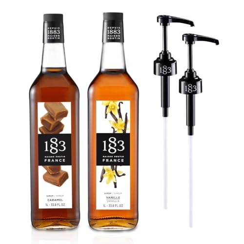 1883 Vanilla &amp; Caramel Syrups with Pumps (Café Variety Pack) for Coffee &amp; Drinks – 1 Liter Glass Bottles (Pack of 2)