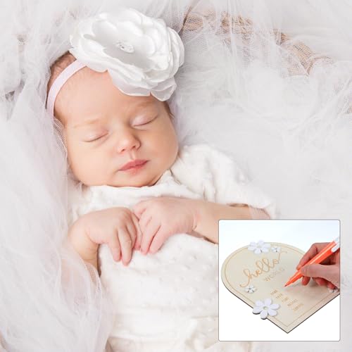 Image of Wooden Hello World Newborn Sign Baby Announcement Sign for Baby Showers Daisy Newborn Birth Announcement Board Welcome Darling Shower Gifts for Hospital Nursery with Photo Frame and Stand