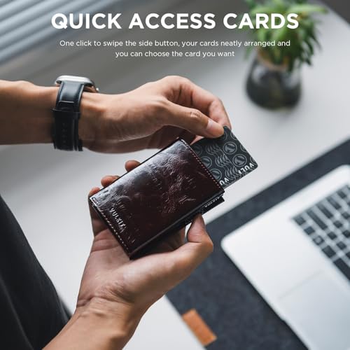 Image of VULKIT Card Holder Wallet with Coin Pocket Magnetic Closure Pop Up Cards With ID Window Leather Wallet for Cash & Credit Cards, Classic Oil-Waxed Style - Reddish Brown, 4 inches (D) x 1 inch (W) x 2.7