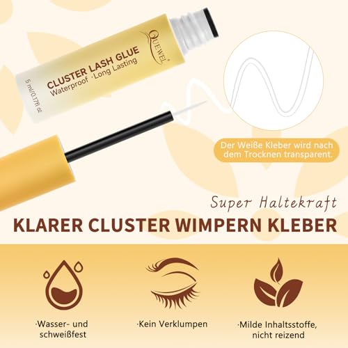 QUEWEL Wimpern Extensions Set, obere und untere Cluster Lashes mit langlebiger Wimpernkleber, DIY Lash Extension Set in drei Schritten, ganz einfach große Augen erzielen für Anfänger (Easy 01-MIX)