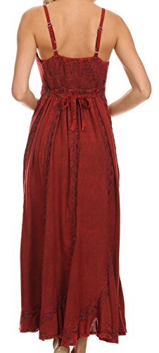 Image of Sakkas Allie Stonewashed Embroidered Adjustable Spaghetti Straps Long Dress