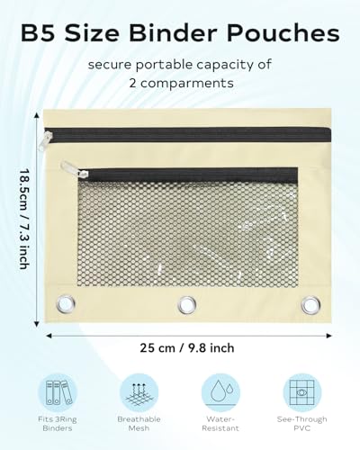 Image of Pencil Pouch for 3 Ring Binder - 3 Hole Zipper Pen Case Bag Holder Bulk Accessories Clear Window Aesthetic Organizer Pockets