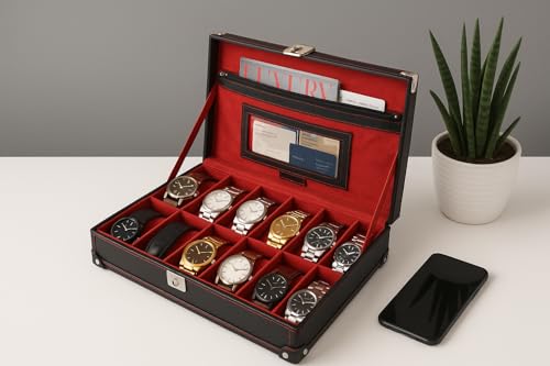 Image of BOXXO 12 Slot Watch Organizer Box for Men & Women - Premium PU Leather Watch Case with Black & Brown Finish, Soft Velvet Cushions & Glass Lid Display, Elegant Storage Box (34x20x8 cm) (Black /Red)