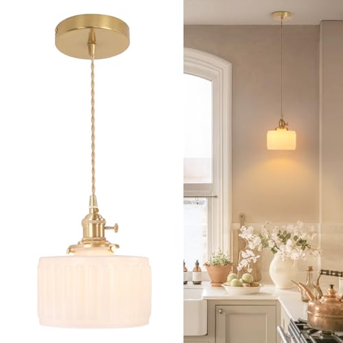 Image of Shenmoyl Pendant Light with White Striped Glass Lmapshade, Brass Vintage Pendant Light Adjustable Hanging Light for Kitchen Island Dining Room Hallway