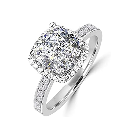 Diamonbella 101 Facets 2 Carat Princess Cushion Cut NSCD Simulated Diamond Ring 925 Silver Platinum Plated Halo Cover