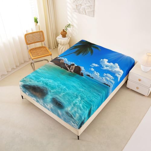 Image of jejeloiu Ocean Beach Bed Sheets Sets Full Size Kids Boys Girls Blue Sky Sea Bedding Set Tropical Palm Trees Bed Sheet Set with 16-Inch Deep Pockets 4Pcs with 2 Pillow Cases