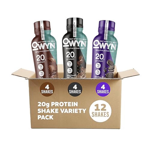 OWYN Only What You Need Protein Shake Variety Pack, Dark Chocolate, Cold Brew Coffee, Cookies and Creamless, 20g Protein, 4g Sugar, 3g Fiber, Dairy Free, Plant Based Protein Drink, 12 CT