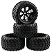 4pcs 12mm Hex RC Wheels and Tires Rubber Tires Set for 1/10 Off Road Monster Truck Volcano Epx/Pro Volcano S30 Stampede HSP 94108 94111 94188 94701 with Drive Hub Adapters Lock Nuts and Wrench, Black