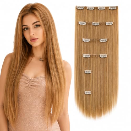 Image of Salon-Grade Clip-in Hair Extensions for Women, Imported Synthetic Hair, 6 PCS with 13 Secure Clips, Instant Volume, Natural Blend, Reusable Hair Volumizer (Golden Brown, Straight)