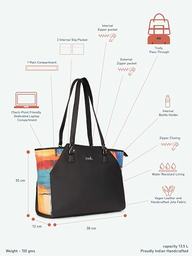 Image of ZOUK Printed Jute Handcrafted Vegan Leather Black Women's Check-point Friendly Classic Business Bag