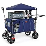 EVER ADVANCED 225L Festival Trolley on Wheels with Removable Canopy, 150KG Heavy Duty Camping Trolley, Push & Pull Beach Cart with 3 Large Pockets, Garden Folding wagon Fishing Blue